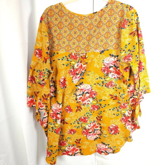 Fig and Flower Anthropologie Womens 2X Orange Colorful Floral 3/4 Sleeve Blouse - Picture 4 of 7